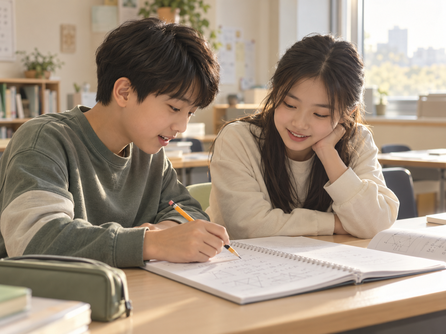 수학 노트를 보며 풀이를 설명하고 듣는 두 학생의 AI 수업 이미지